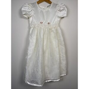 Vintage Stone Gear Christening Wedding size 7 dress Lace- Flower - Satin Ivory